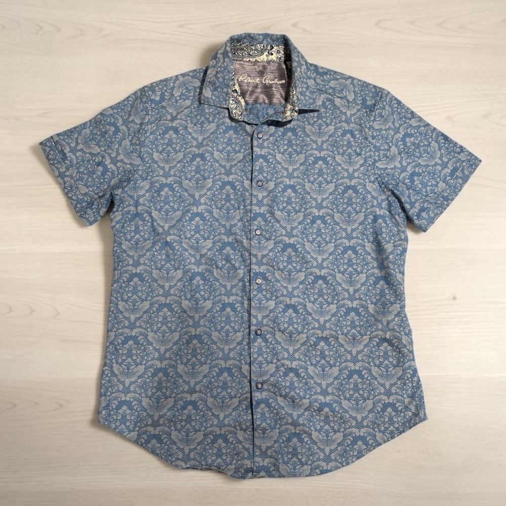 ROBERT GRAHAM Blue Floral Classic Fit Flip Cuff Short Sleeve Shirt Sz Medium